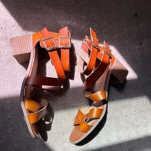 Leather Strappy Heeled Sandals with Gold Buckles sz 10